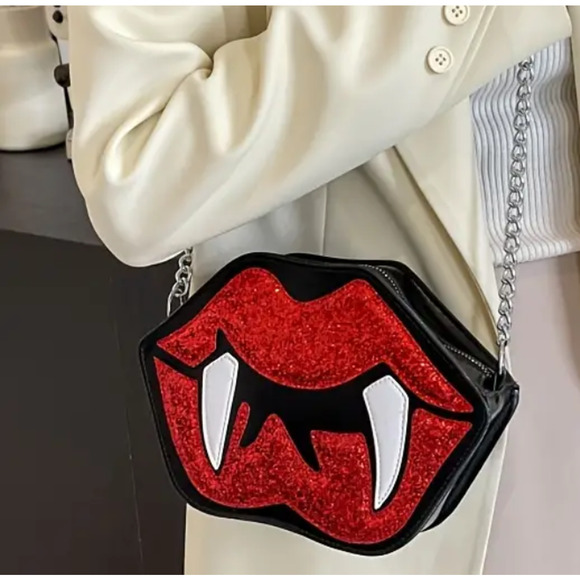 Unbranded Handbags - Vampire Fangs Purse Red Glitter Lips Crossbody Chain Whimsigoth Witchy Halloween